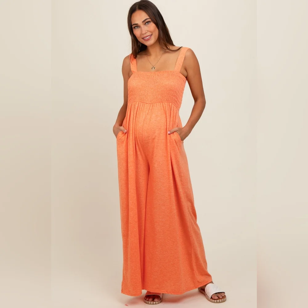 NWT Orange Smocked Wide Leg Maternity Jumpsuit - Picture 2 of 7